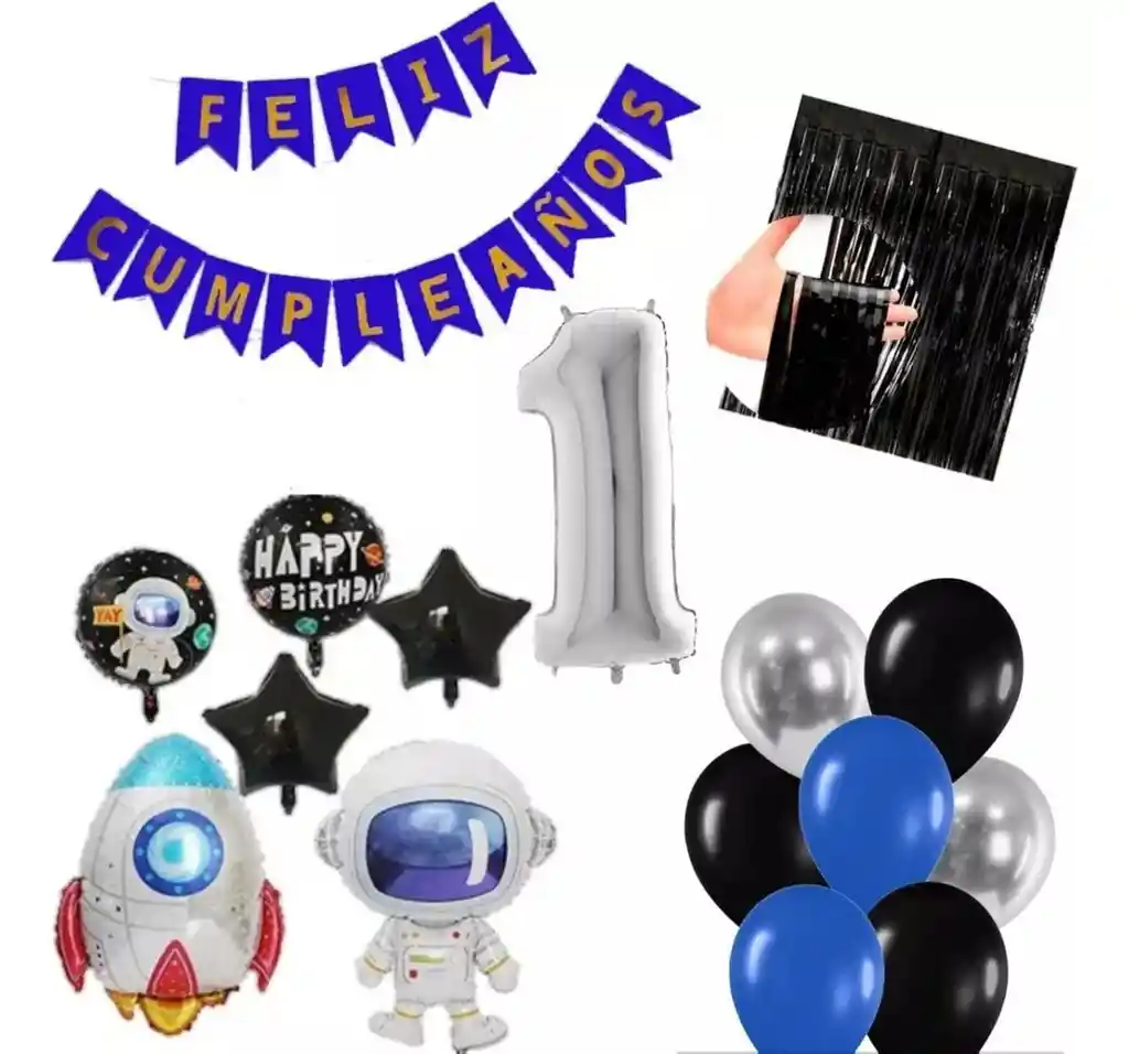 Kit Globos Cohete Astronauta Azul Plateado Negro Cortina # 1