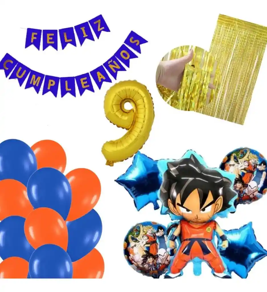 Kit Globos Dragon Ball Dorado Feliz Cumpleaños Azul Naranja # 9