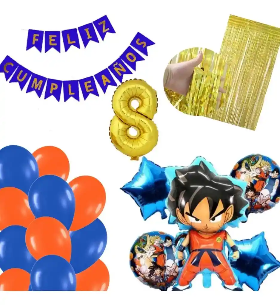 Kit Globos Dragon Ball Dorado Feliz Cumpleaños Azul Naranja # 8