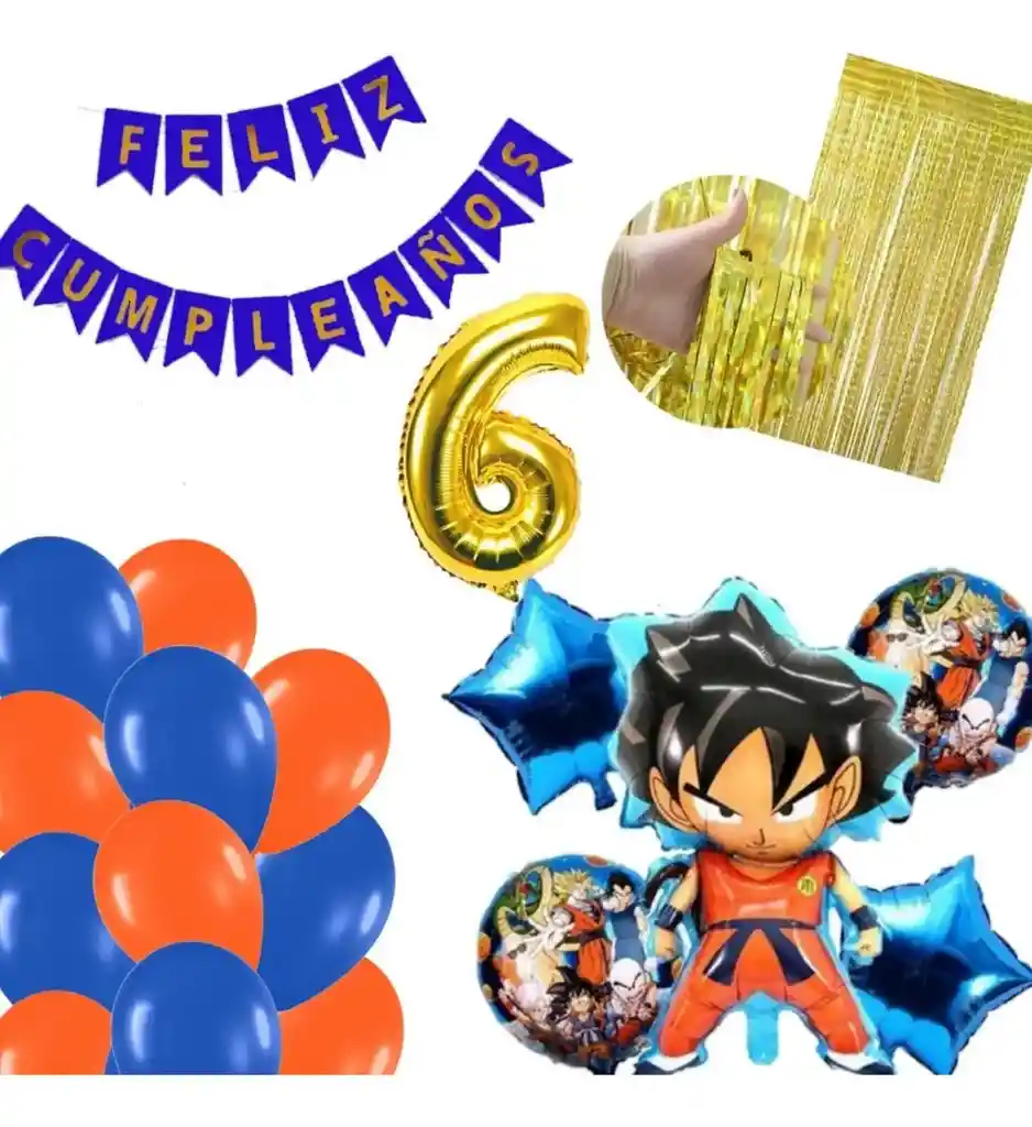 Kit Globos Dragon Ball Dorado Feliz Cumpleaños Azul Naranja # 6