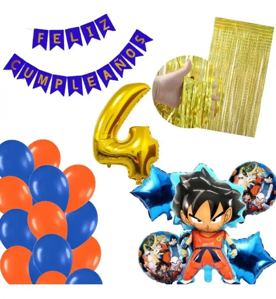 Kit Globos Dragon Ball Dorado Feliz Cumpleaños Azul Naranja # 4