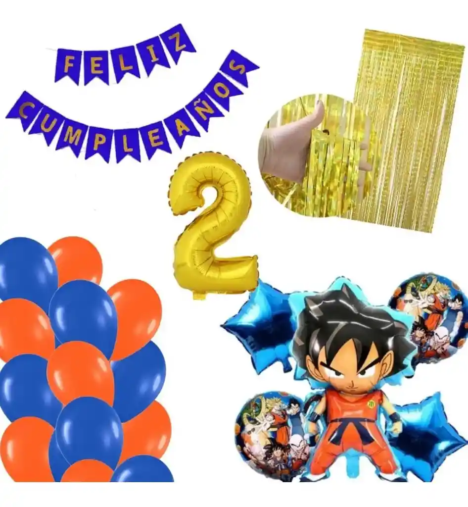 Kit Globos Dragon Ball Dorado Feliz Cumpleaños Azul Naranja # 2