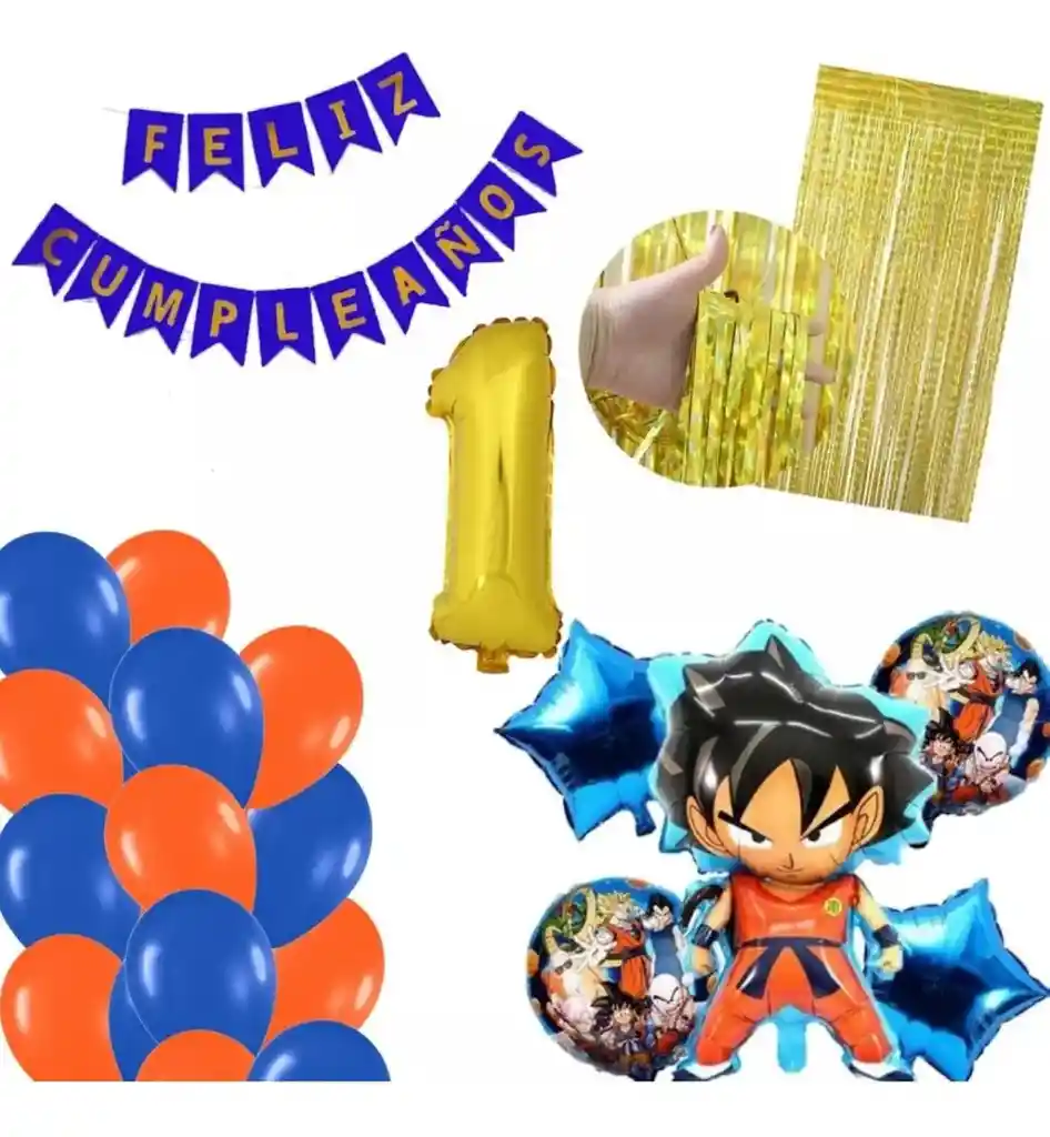 Kit Globos Dragon Ball Dorado Feliz Cumpleaños Azul Naranja # 1