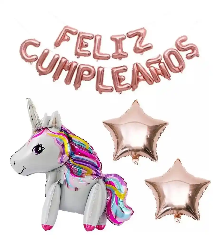 Kit Globos Decoración Unicornio Feliz Cumpleaños Oro Rosa