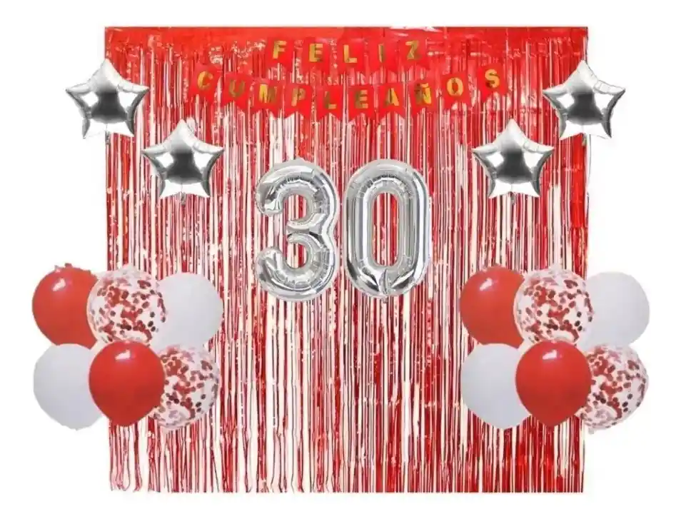 Kit Decoración Cumpleaños Globos Rojo Plateado Cortina