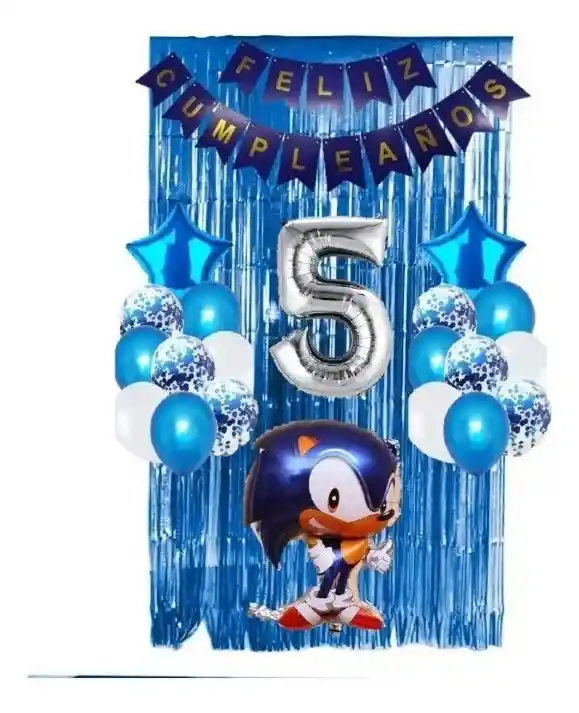 Kit Decoración Sonic Azul Video Juego Cumpleaños Plateado