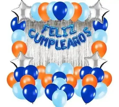 Kit Globos Decoración Feliz Cumpleaños Plateado Naranja Azul