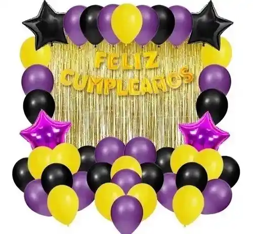 Kit Arcos Globo Decoración Cumpleaños Morado Negro Cortina