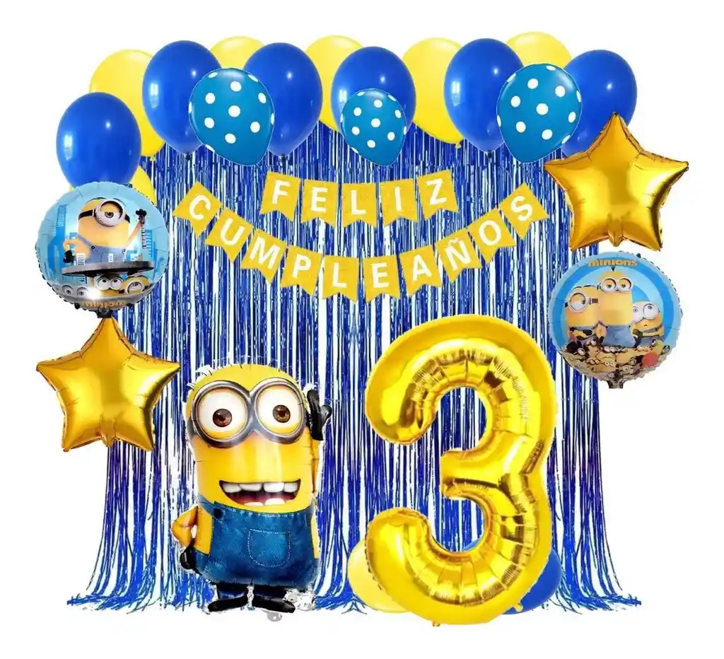 Kit Decoracion Minion Numero Feston Cumpleaños Azul Amarillo # 3