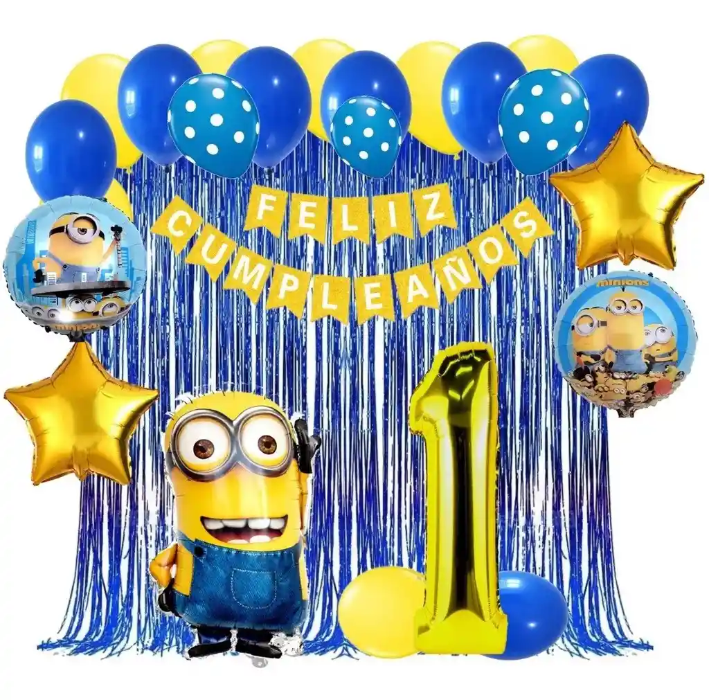 Kit Decoracion Minion Numero Feston Cumpleaños Azul Amarillo # 1