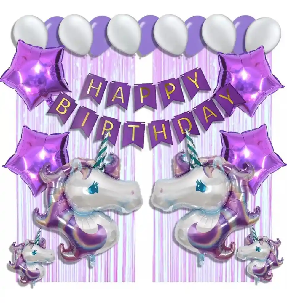 Decoracion Fiesta Niña Globos Unicornio Morado Cortina