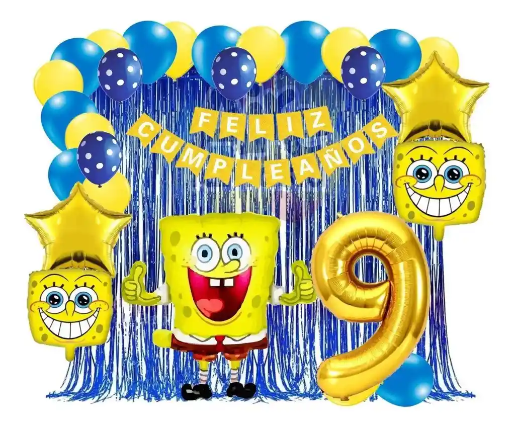 Kit Globos Bob Esponja Azul Dorado Cortina Numero Cumpleaños # 9