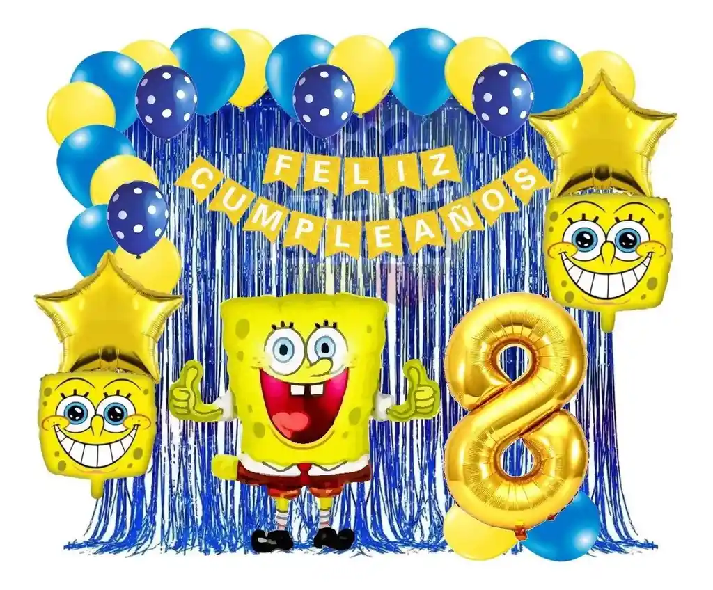 Kit Globos Bob Esponja Azul Dorado Cortina Numero Cumpleaños # 8