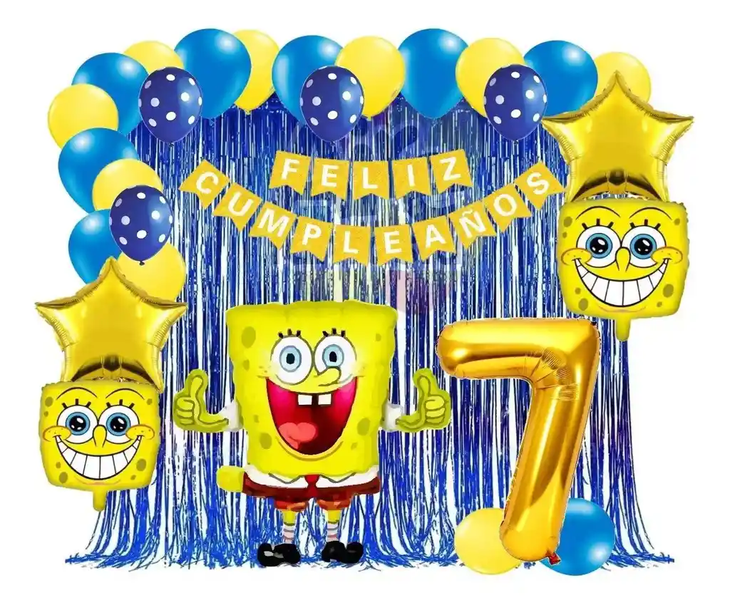 Kit Globos Bob Esponja Azul Dorado Cortina Numero Cumpleaños # 7