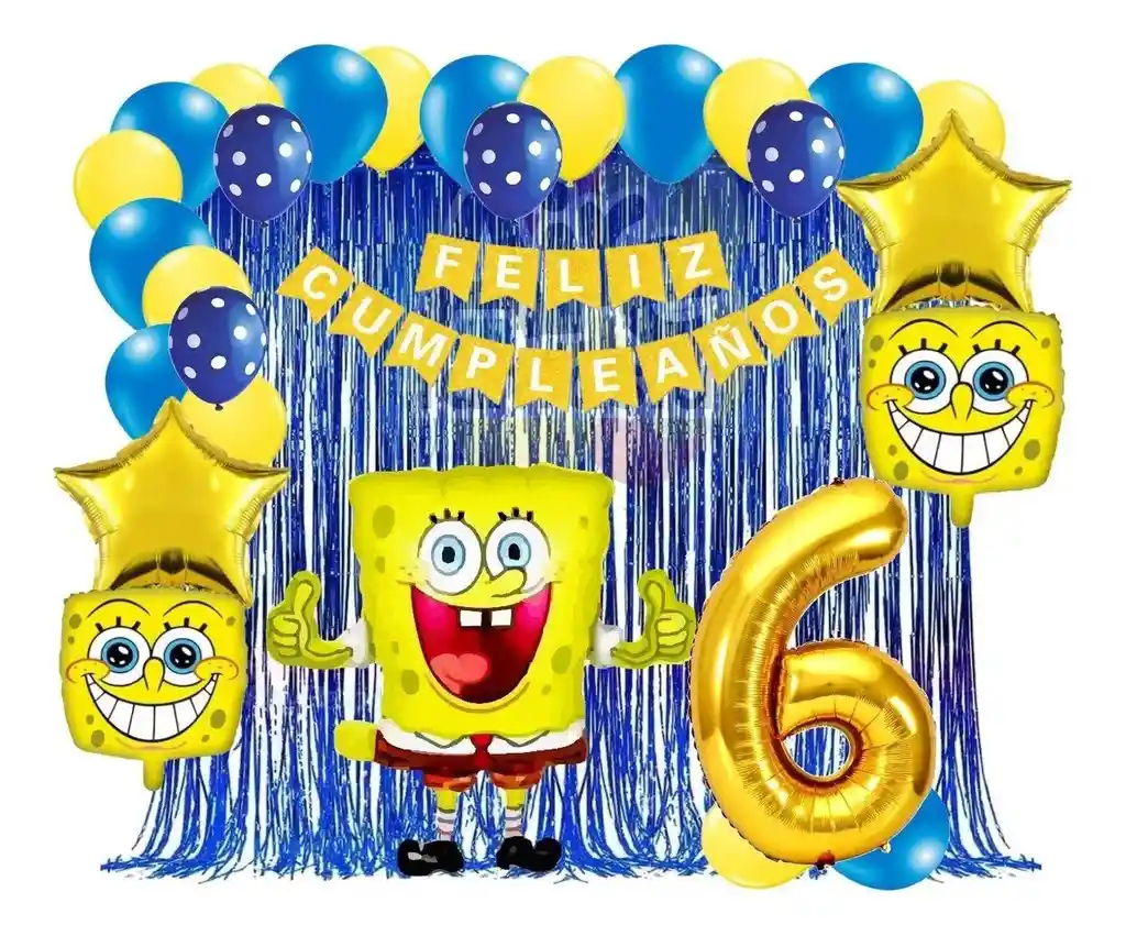 Kit Globos Bob Esponja Azul Dorado Cortina Numero Cumpleaños # 6