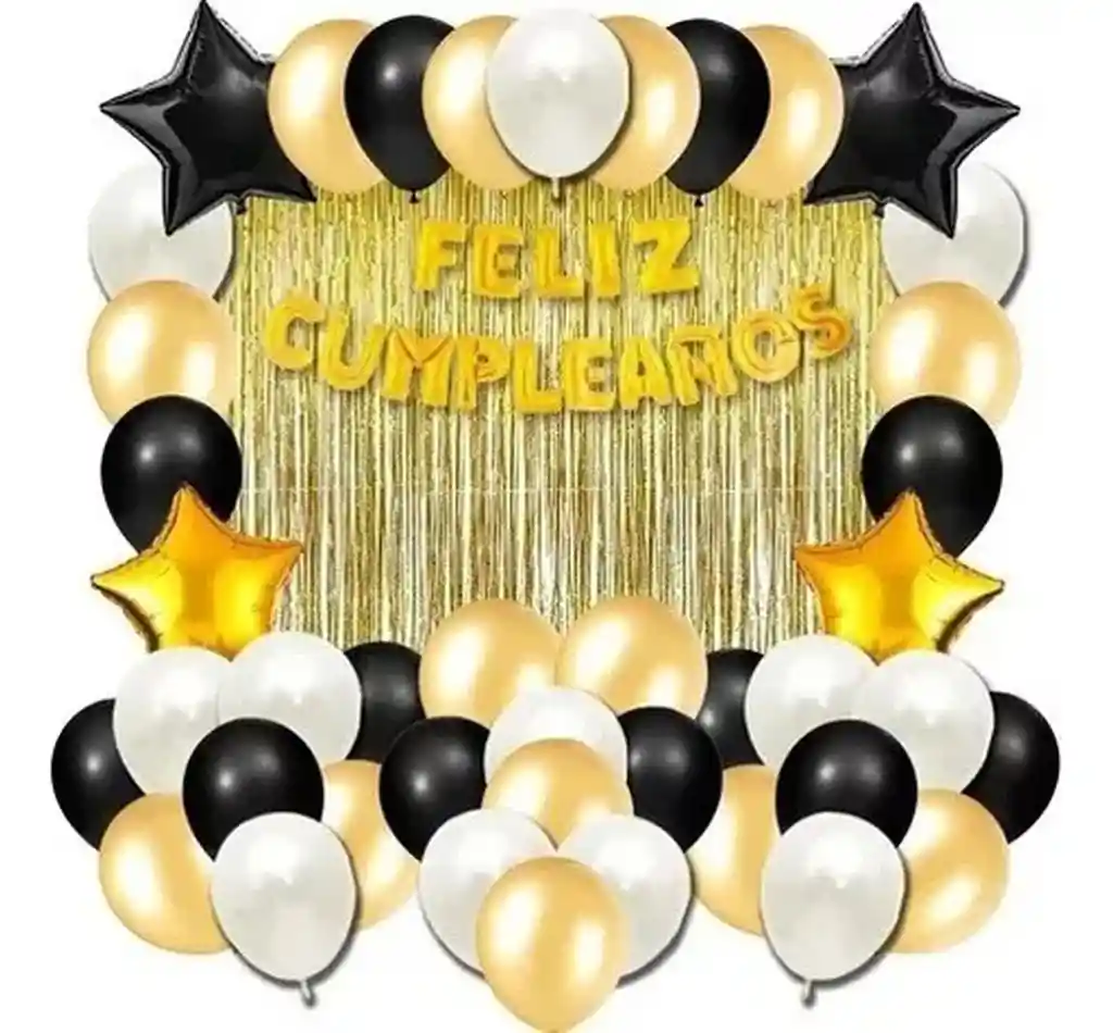 Kit Globos Decoración Dorado Cumpleaños Negro Cortina Blanco