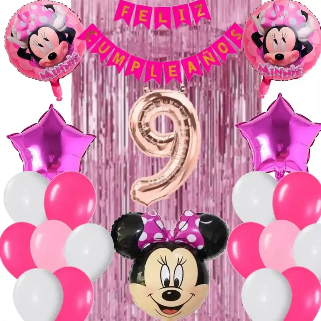 Kit Globos Decoración Minnie Rosada Número Cortina Fucsia # 9