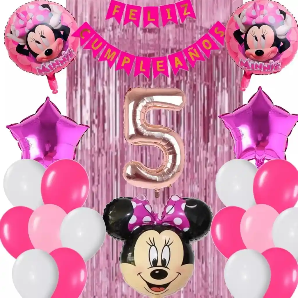 Kit Globos Decoración Minnie Rosada Número Cortina Fucsia # 5