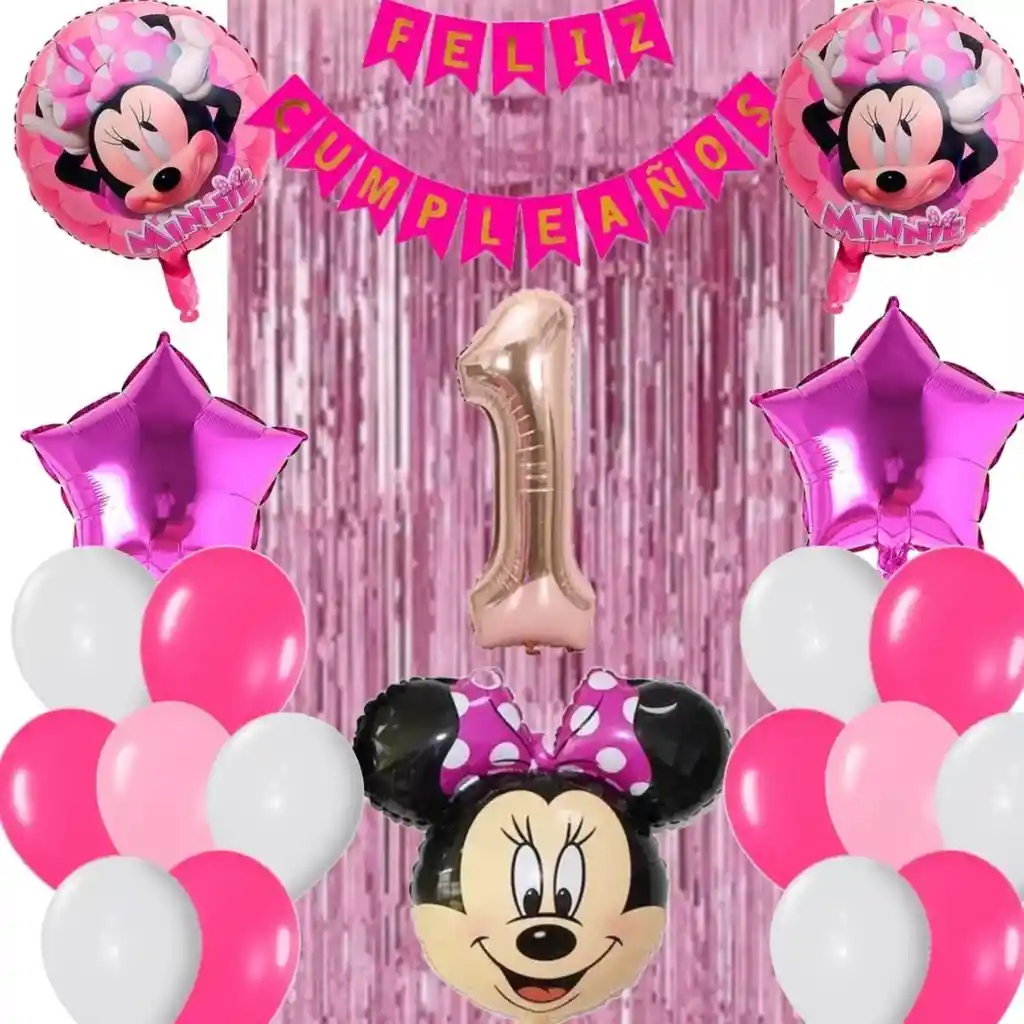 Kit Globos Decoración Minnie Rosada Número Cortina Fucsia # 1