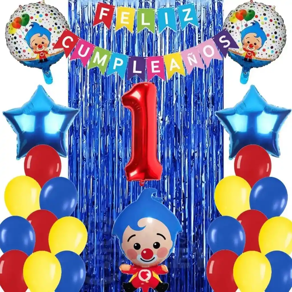 Kit Globos Decoración Payaso Plim Azul Rojo Cortina Circo # 1