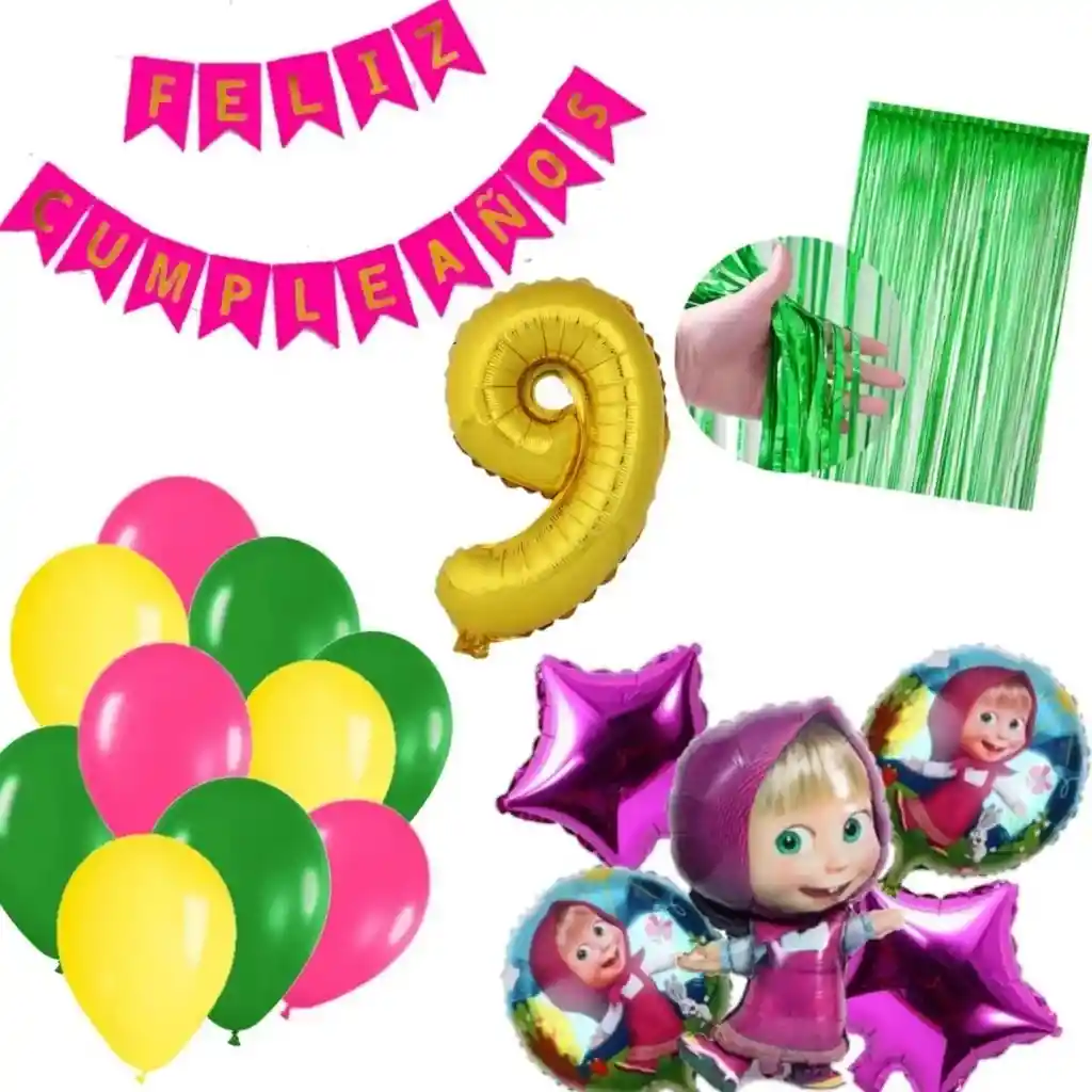 Kit Globos Decoración Masha Cortina Verde Número Dorado # 9