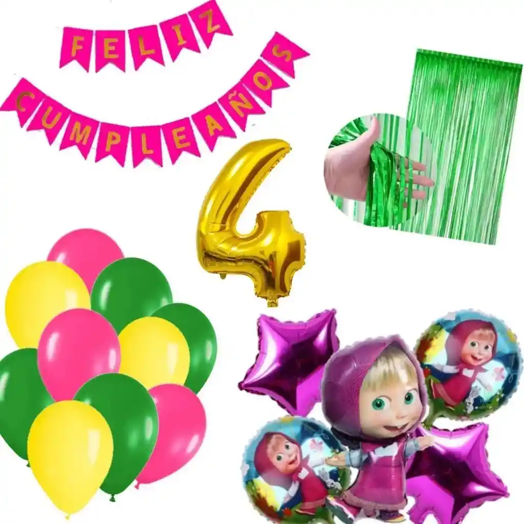 Kit Globos Decoración Masha Cortina Verde Número Dorado # 4