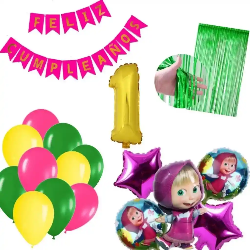 Kit Globos Decoración Masha Cortina Verde Número Dorado # 1