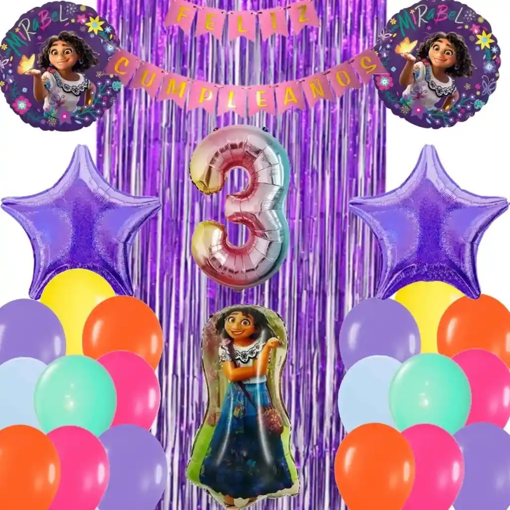 Kit Globos Encanto Mirabel Cumpleaños Morado Cortina Número # 3