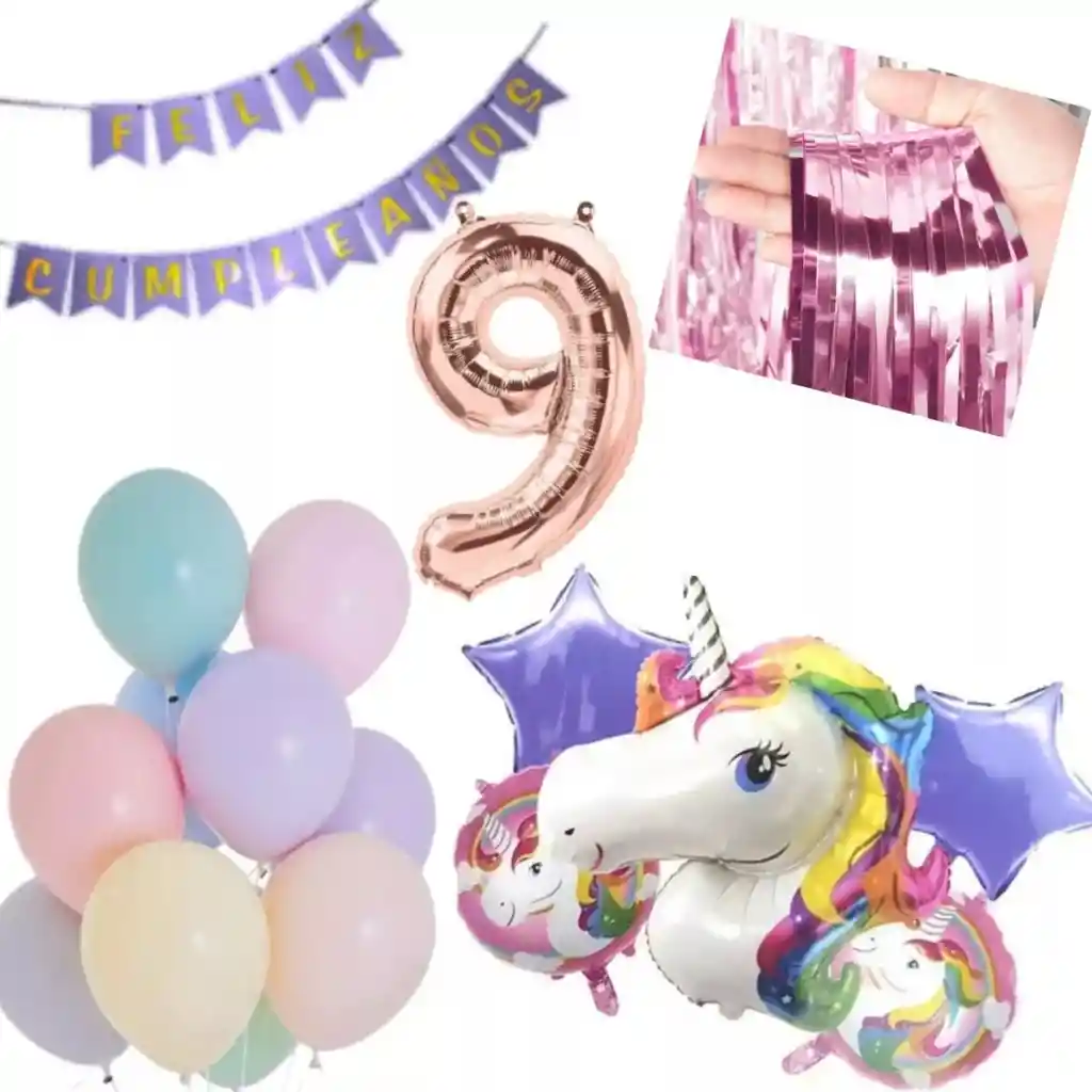 Kit Globos Unicornio Morado Pastel Cumpleaños Cortina # 9