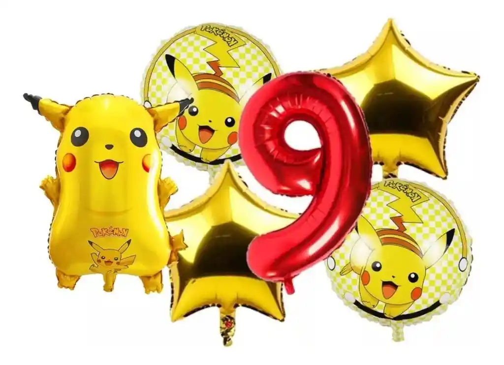 Kit Decoración Globos Pikachu Número Rojo Cumpleaños Pokemon # 9
