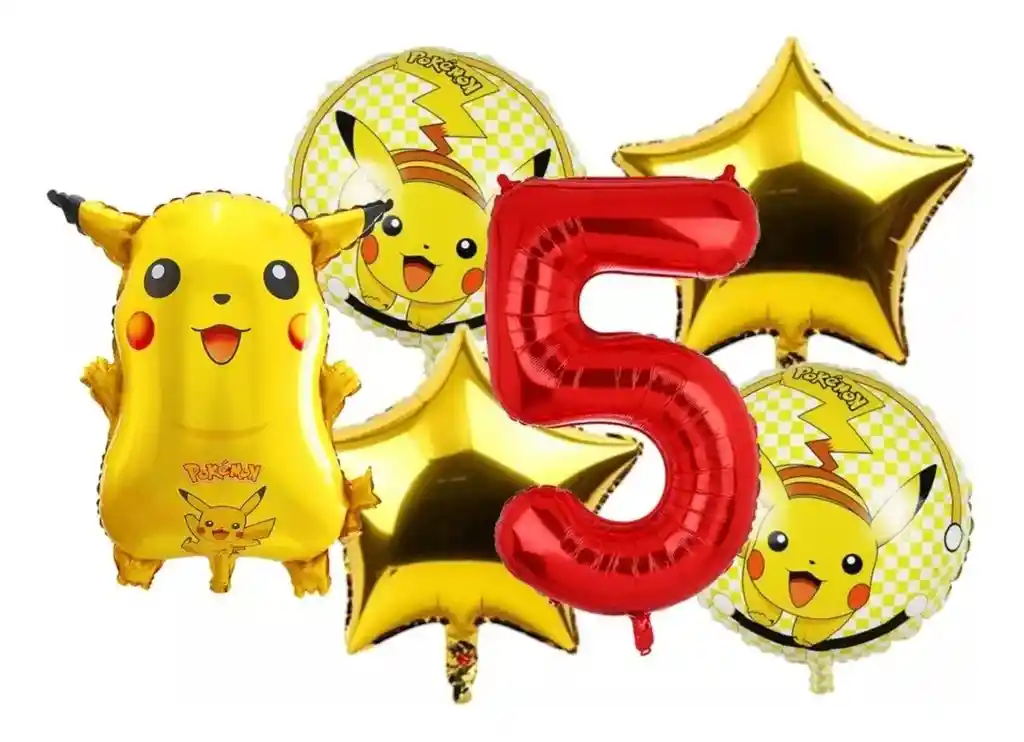 Kit Decoración Globos Pikachu Número Rojo Cumpleaños Pokemon # 5