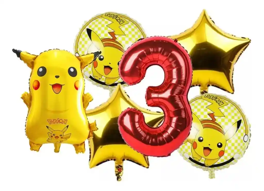 Kit Decoración Globos Pikachu Número Rojo Cumpleaños Pokemon # 3