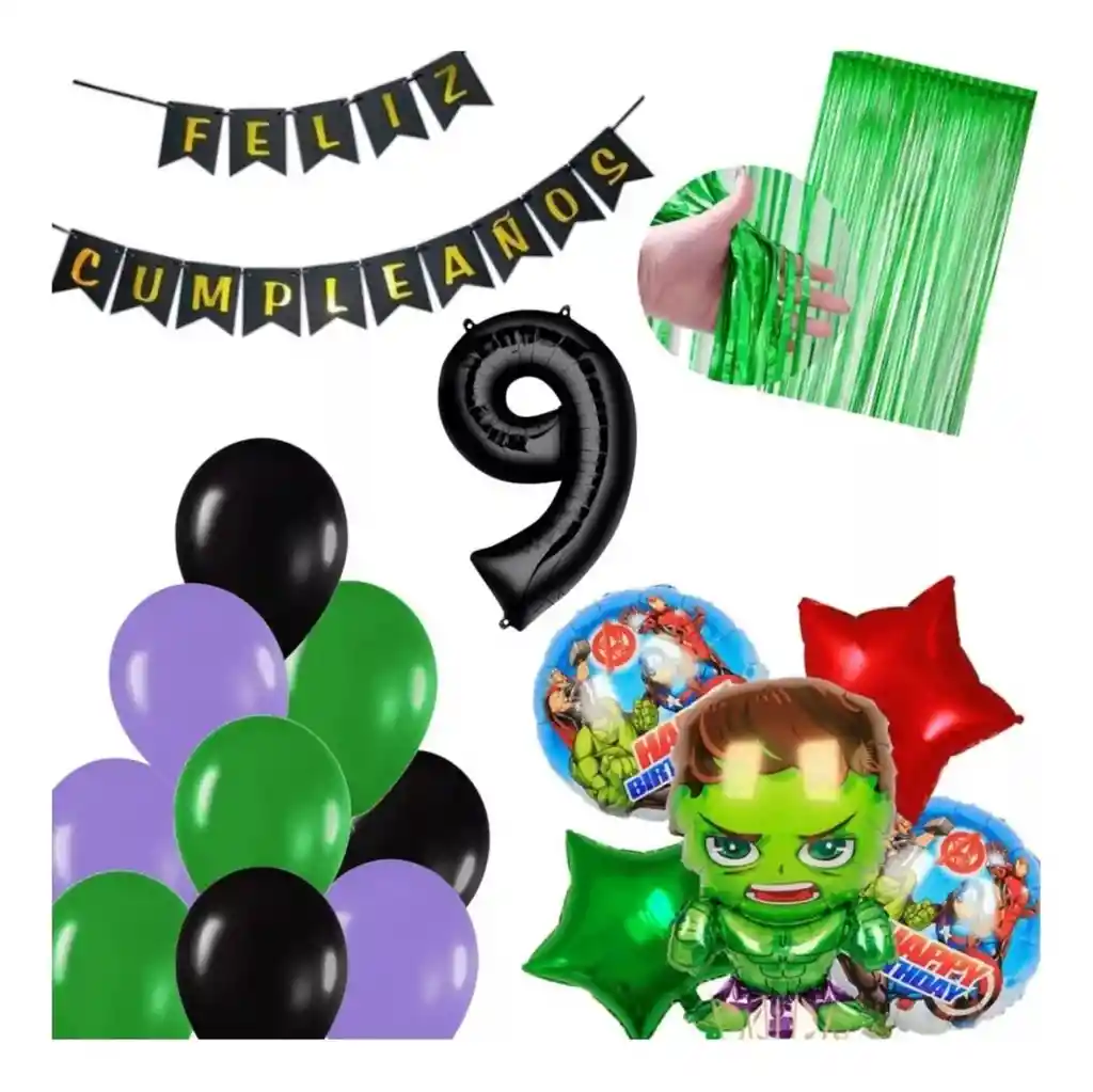 Kit Decoración Globos Hulk Avengers Heroes Verde Cumpleaños # 9