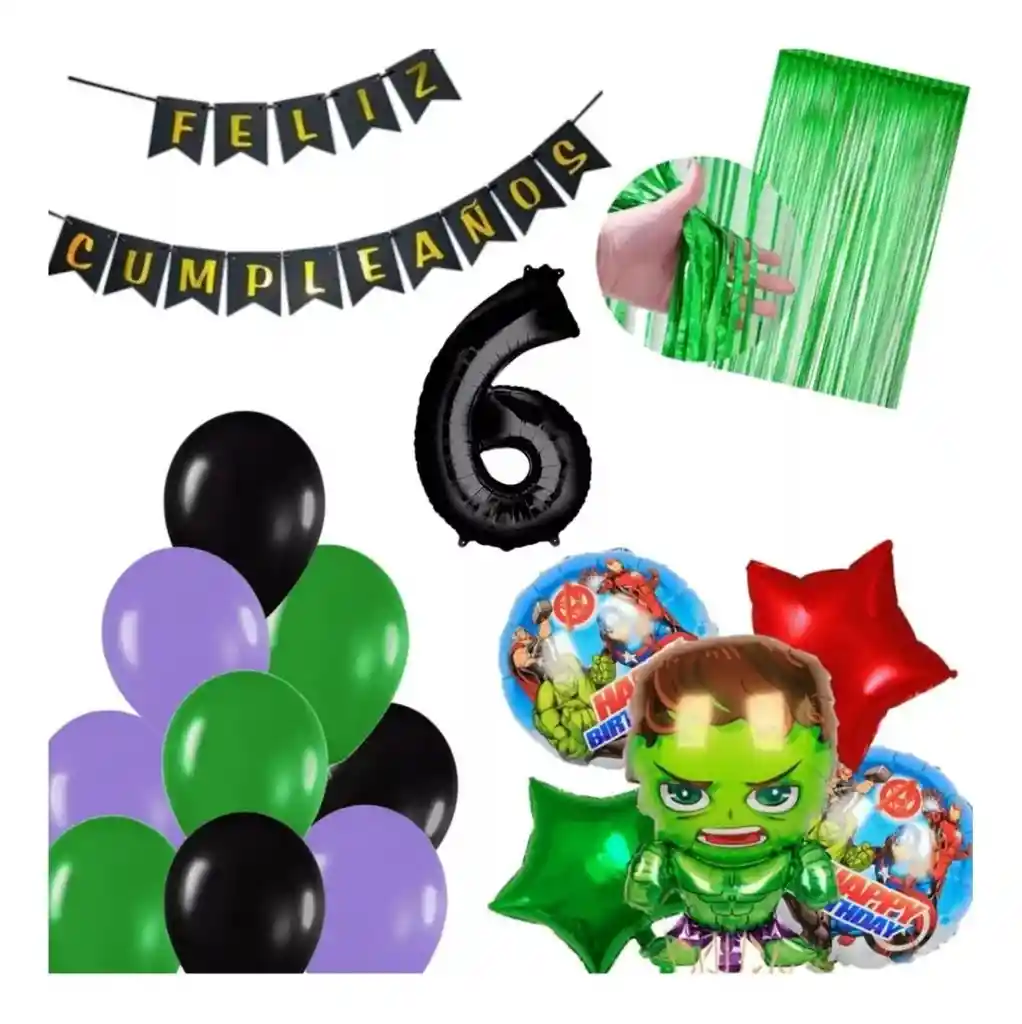 Kit Decoración Globos Hulk Avengers Heroes Verde Cumpleaños # 6