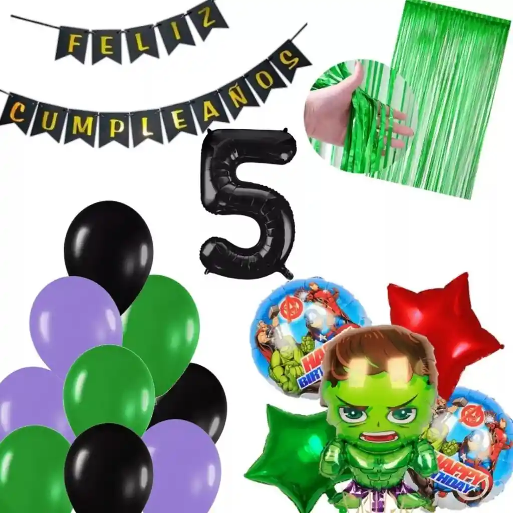 Kit Decoración Globos Hulk Avengers Heroes Verde Cumpleaños # 5