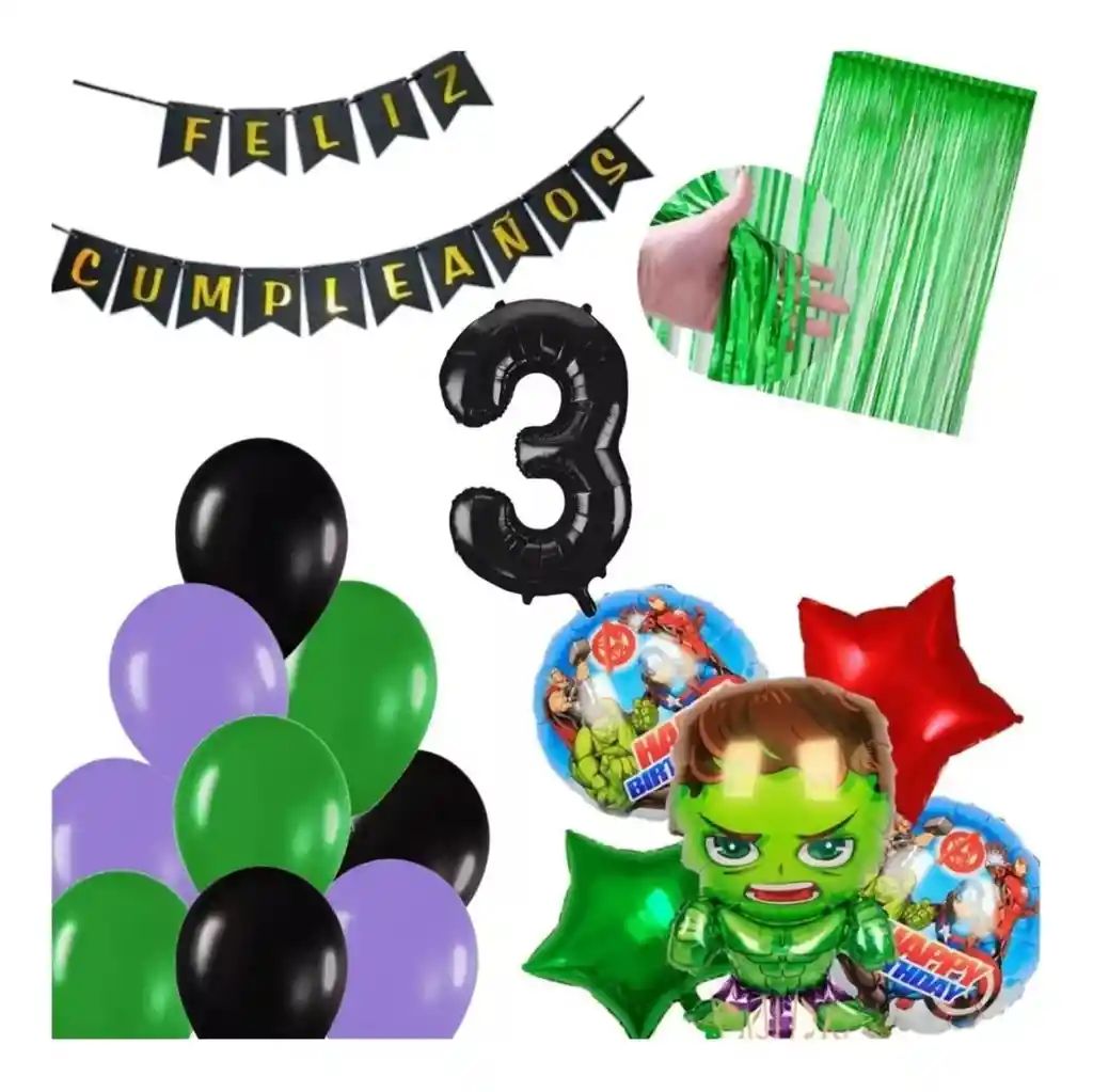 Kit Decoración Globos Hulk Avengers Heroes Verde Cumpleaños # 3