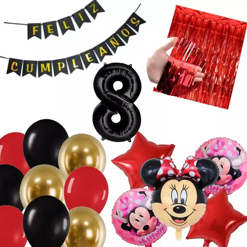 Kit Globos Decoración Minnie Rojo Rosado Negro Cortina # 8