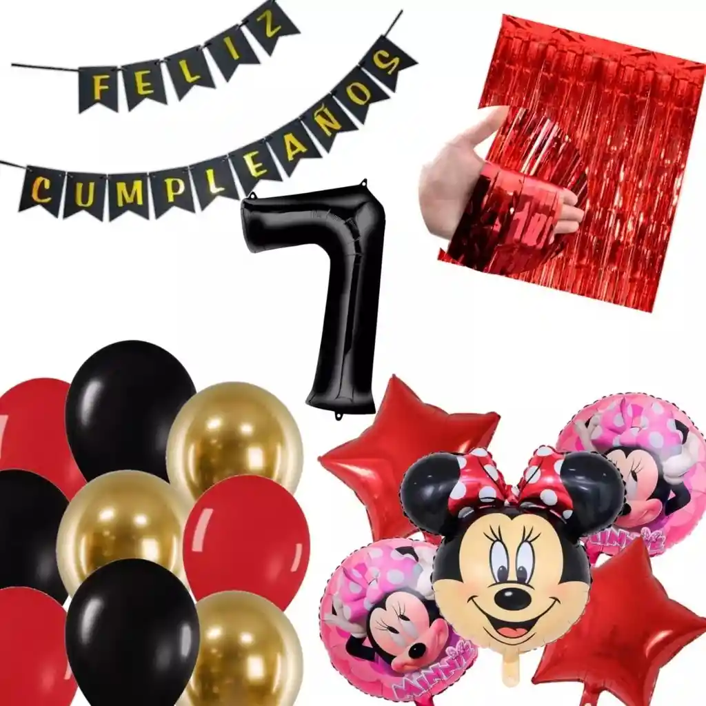 Kit Globos Decoración Minnie Rojo Rosado Negro Cortina # 7