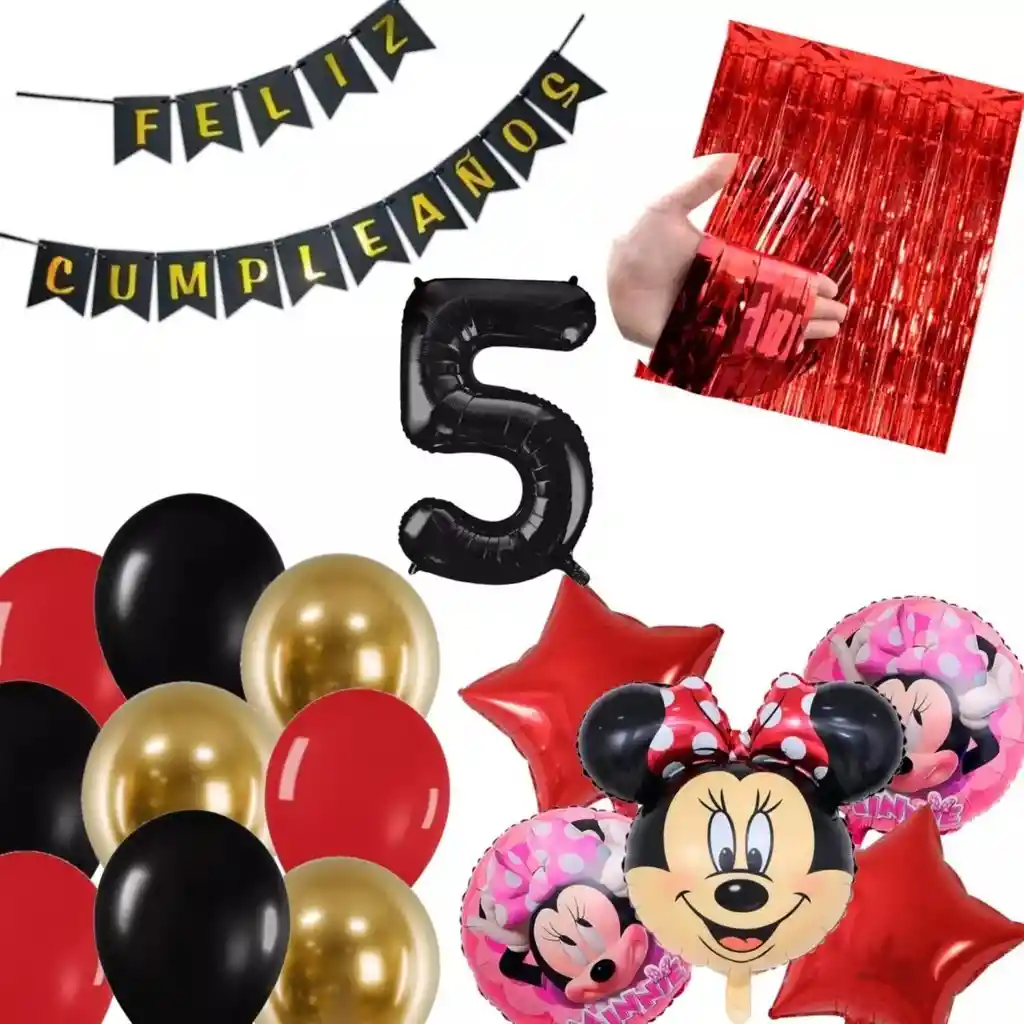 Kit Globos Decoración Minnie Rojo Rosado Negro Cortina # 5