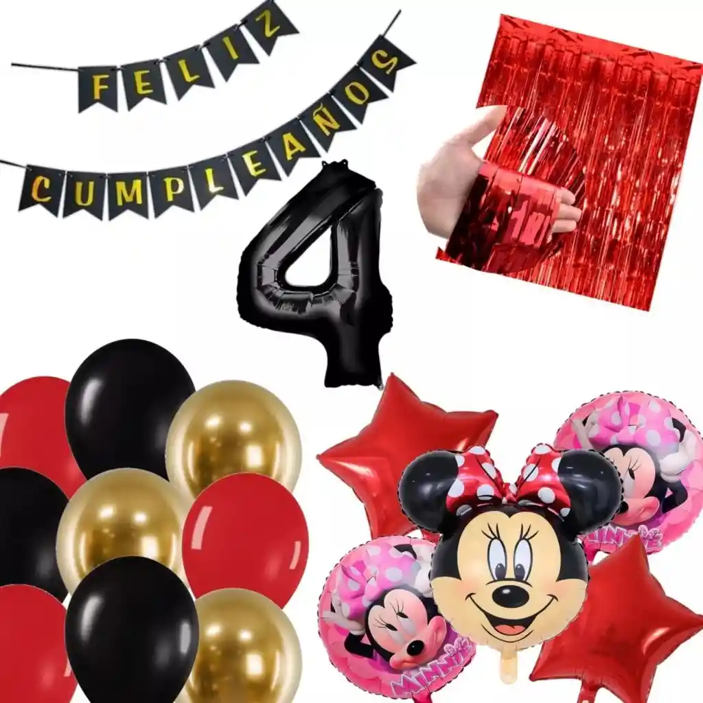 Kit Globos Decoración Minnie Rojo Rosado Negro Cortina # 4