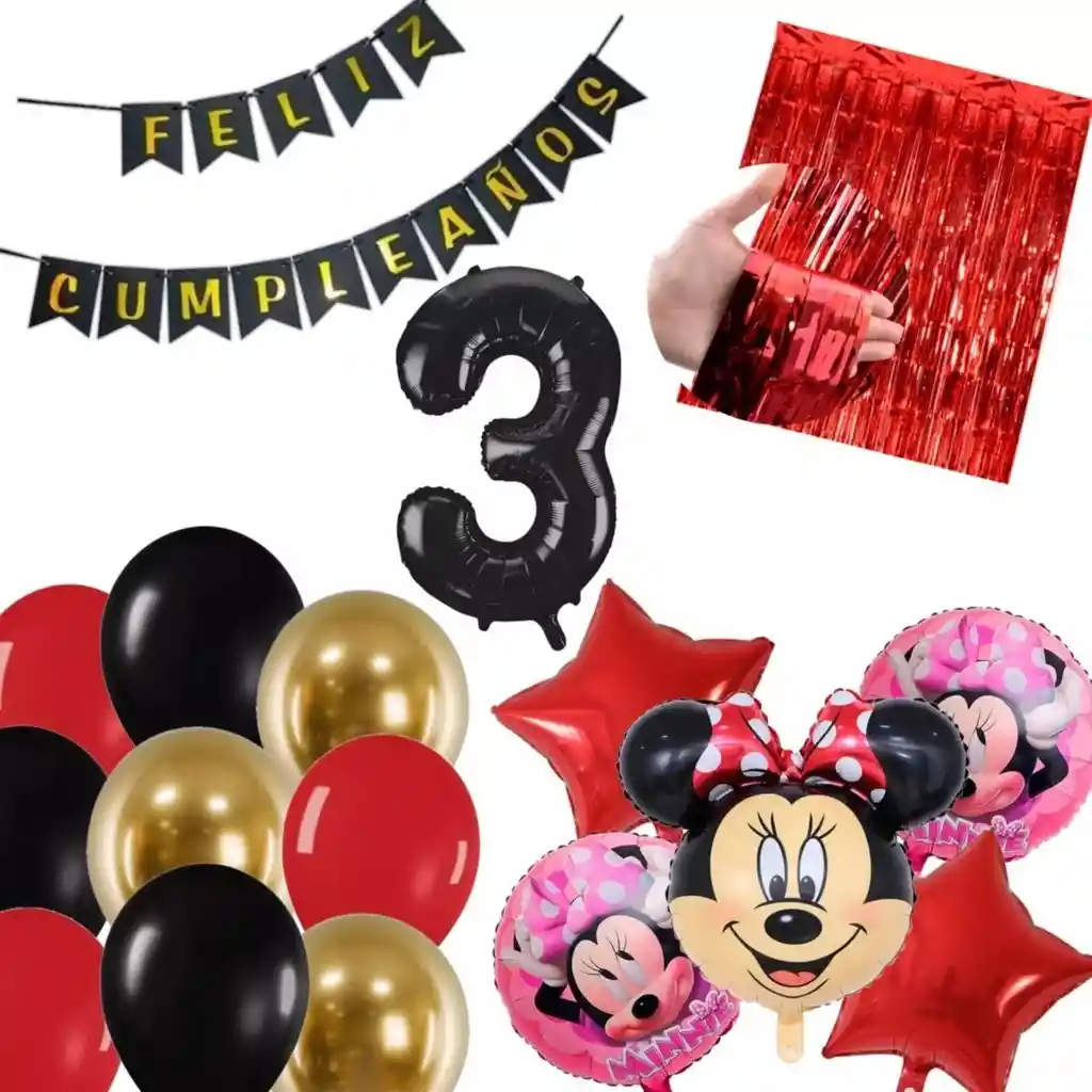 Kit Globos Decoración Minnie Rojo Rosado Negro Cortina # 3