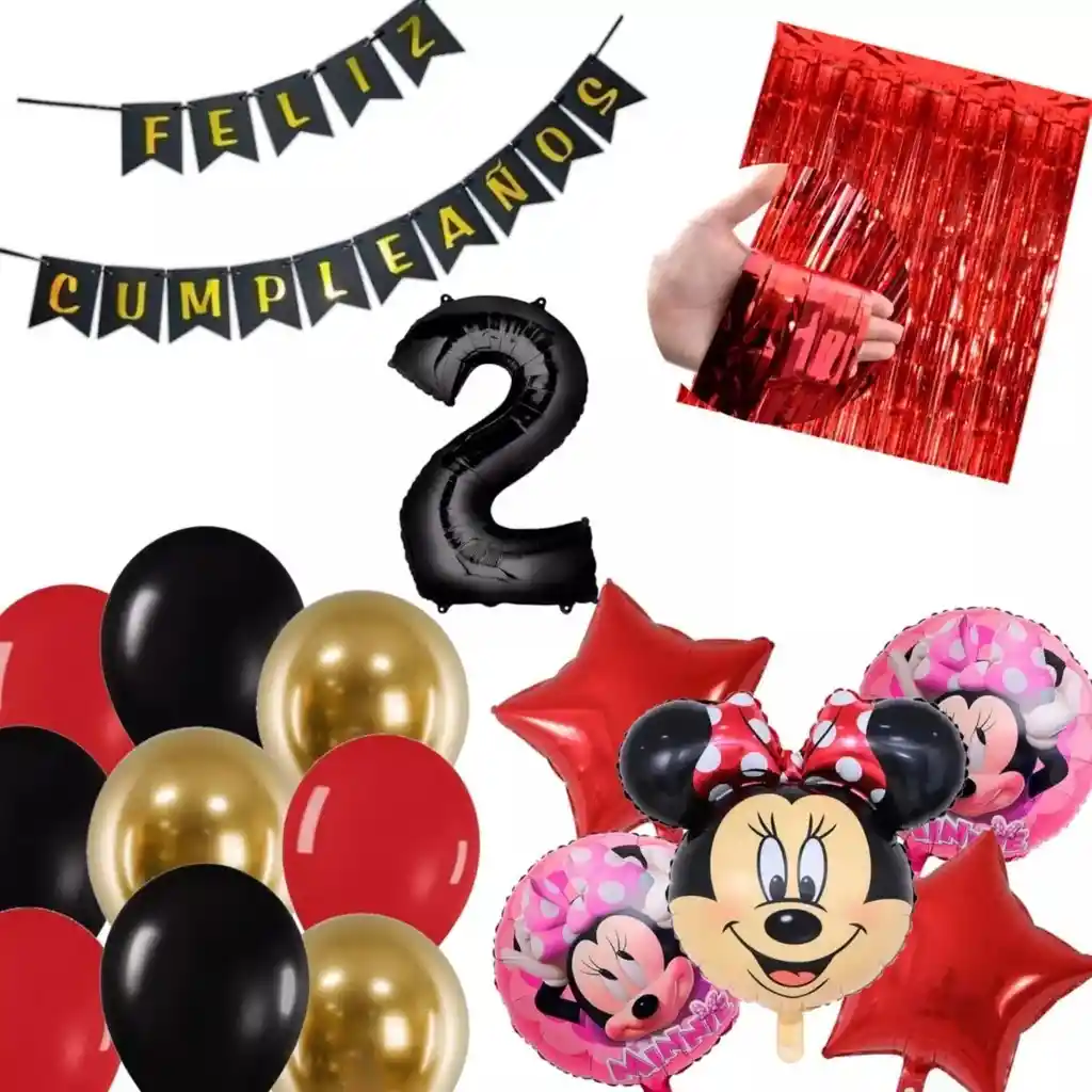 Kit Globos Decoración Minnie Rojo Rosado Negro Cortina # 2