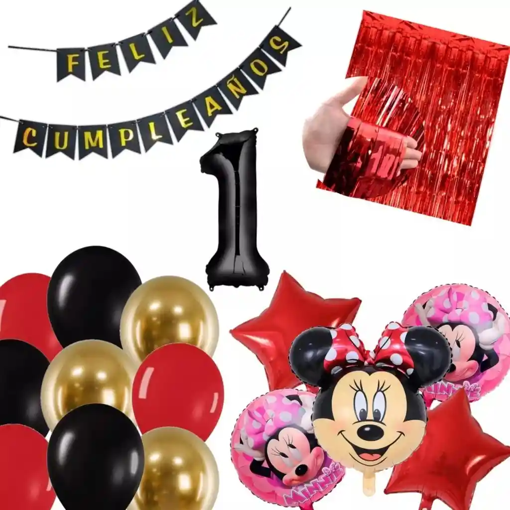 Kit Globos Decoración Minnie Rojo Rosado Negro Cortina # 1