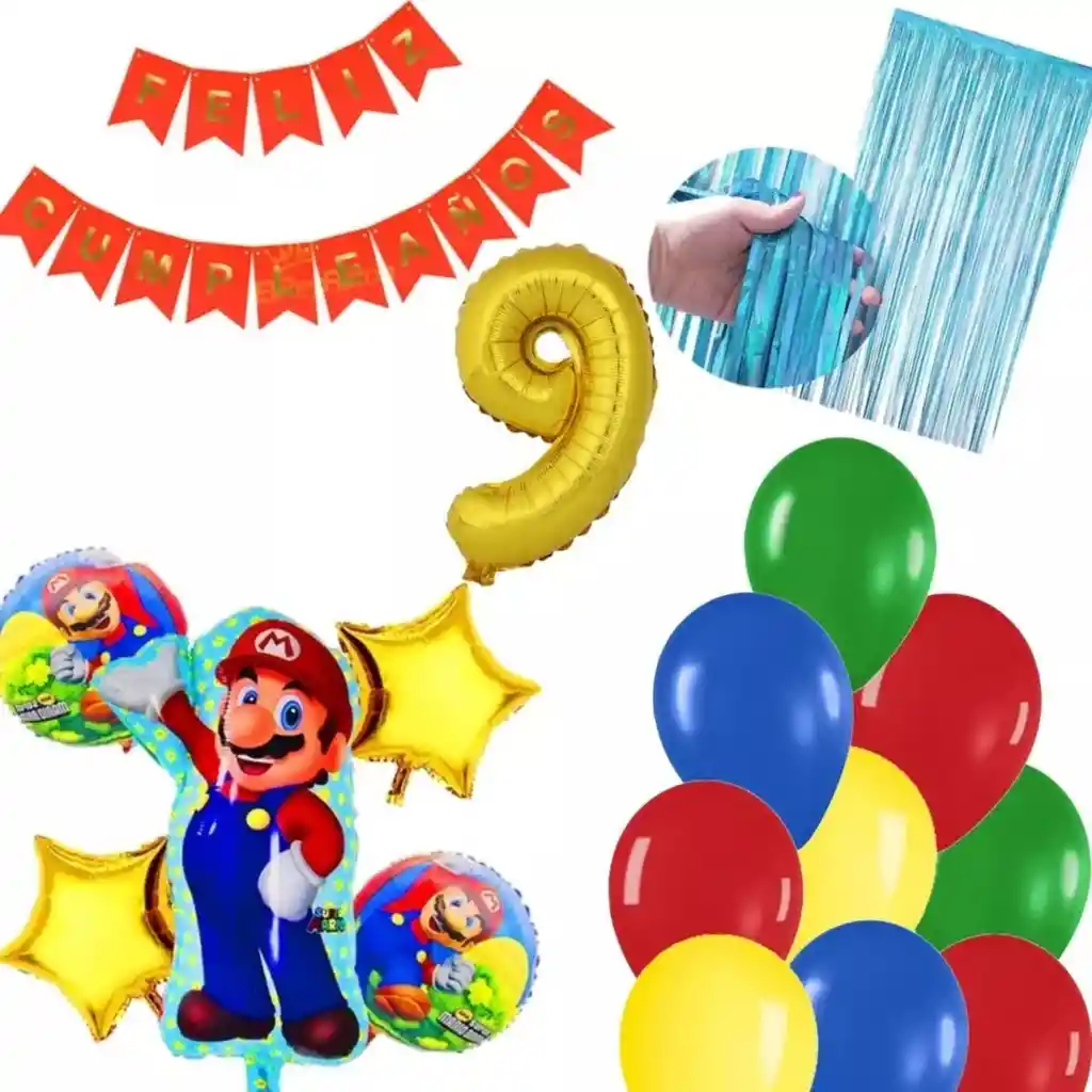 Kit Globos Mario Bros Video Juego Cortina Azul Cumpleaños # 9