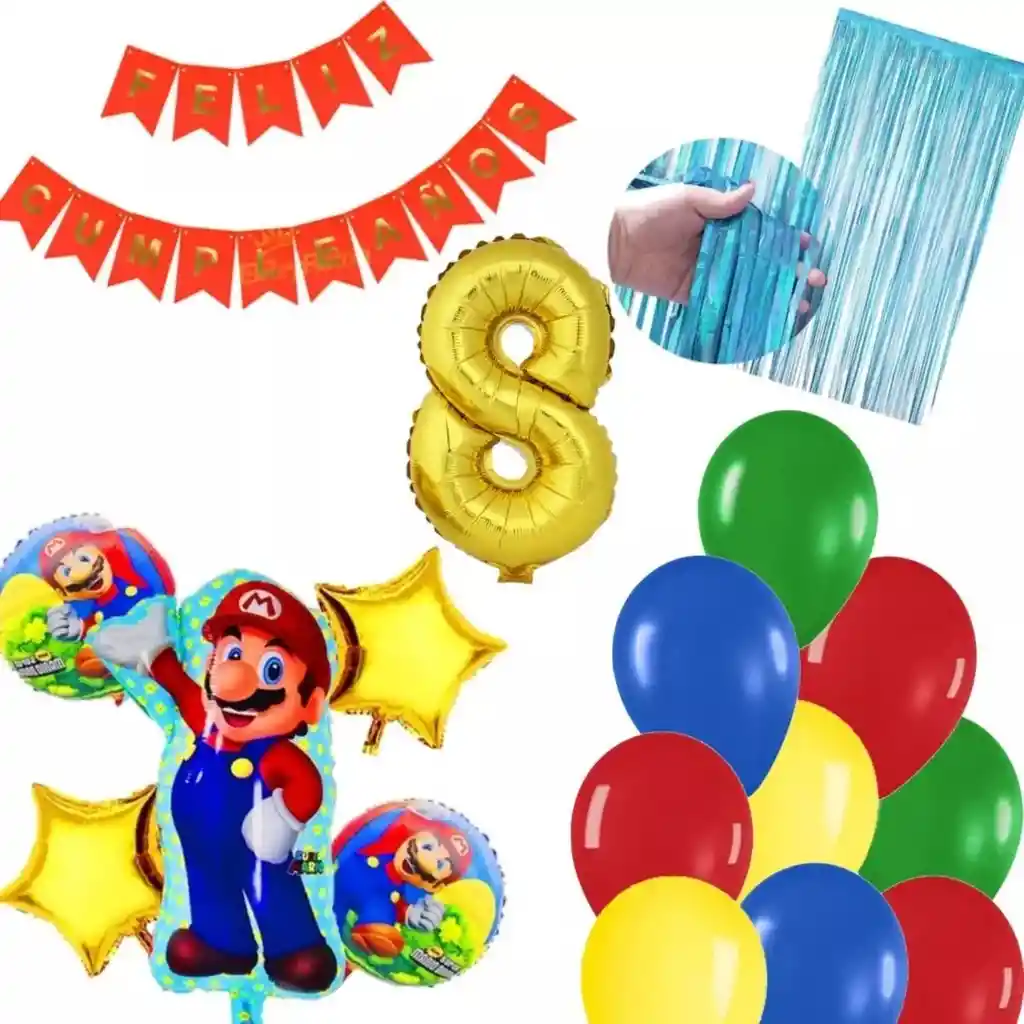 Kit Globos Mario Bros Video Juego Cortina Azul Cumpleaños # 8