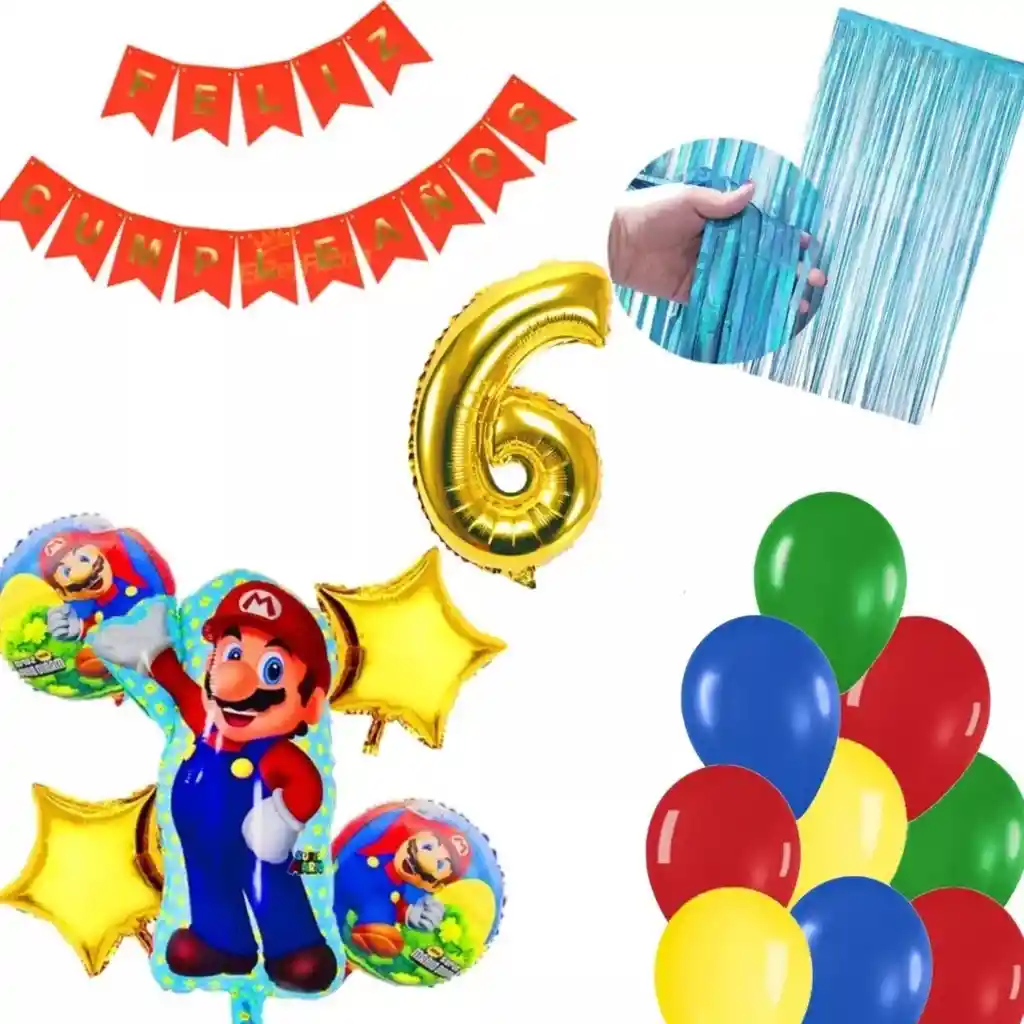 Kit Globos Mario Bros Video Juego Cortina Azul Cumpleaños # 6