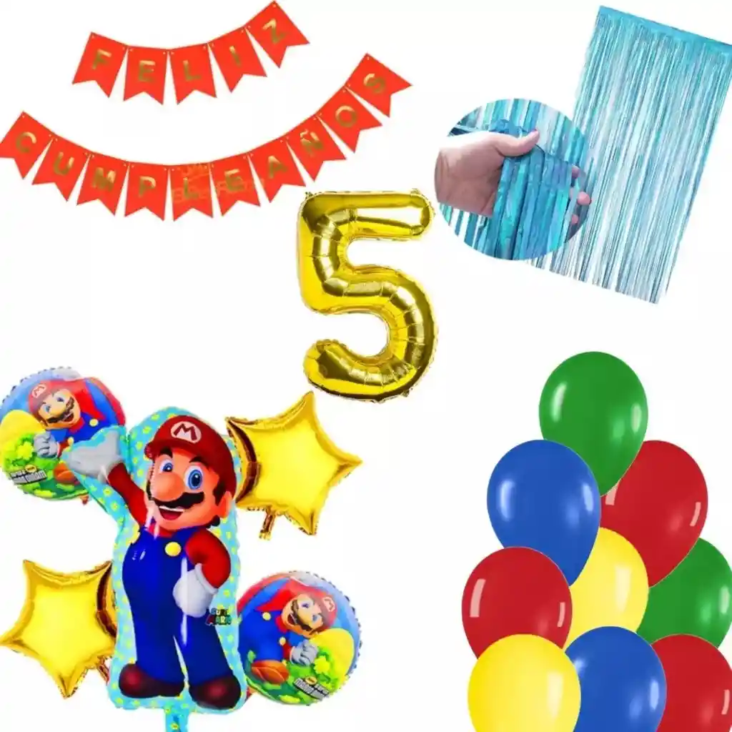 Kit Globos Mario Bros Video Juego Cortina Azul Cumpleaños # 5