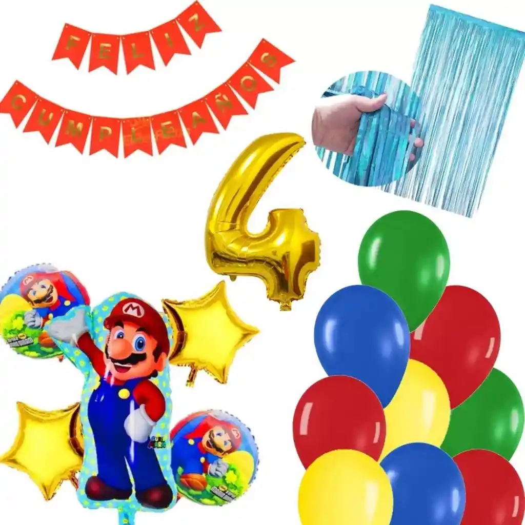 Kit Globos Mario Bros Video Juego Cortina Azul Cumpleaños # 4