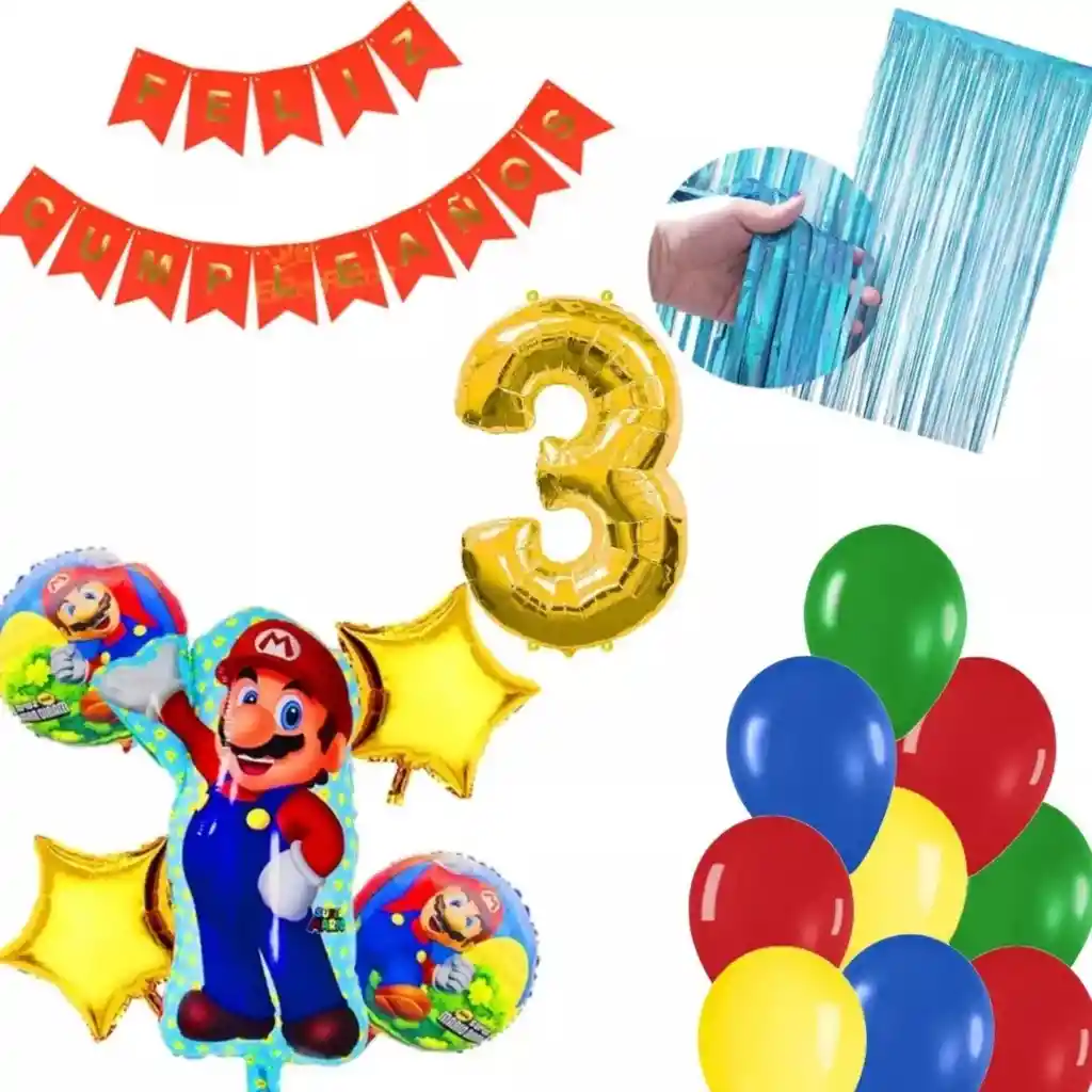 Kit Globos Mario Bros Video Juego Cortina Azul Cumpleaños # 3