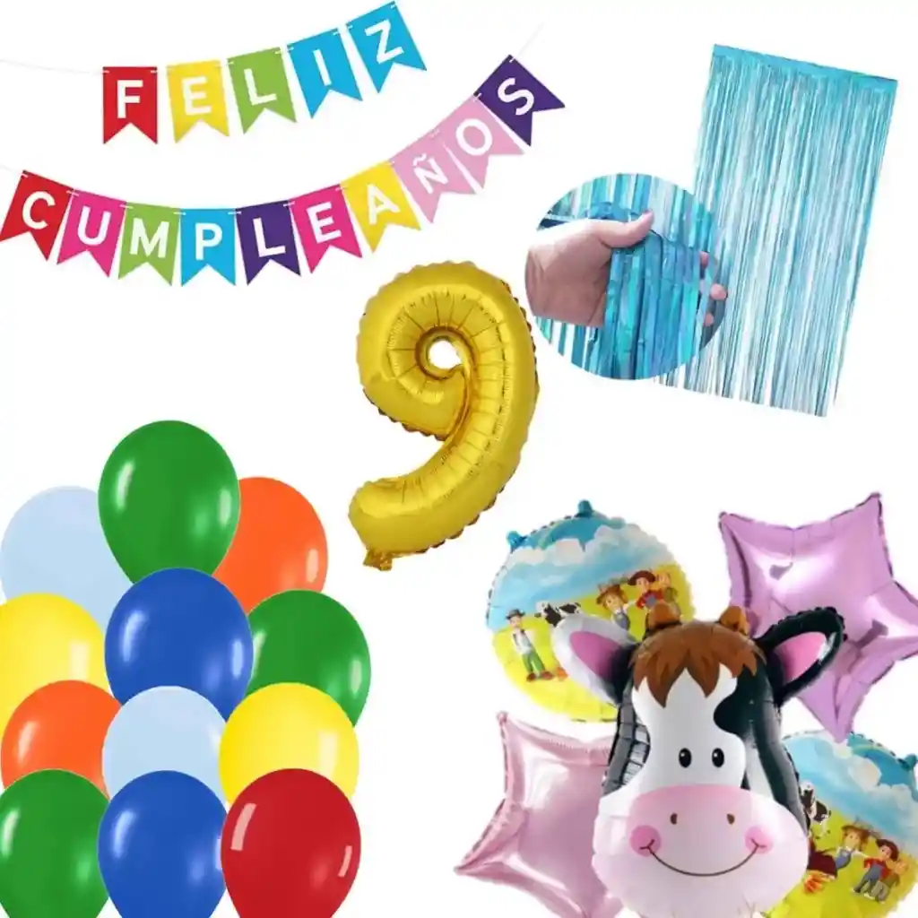 Kit Globos Decoración Vaca Granja Número Cortina Azul Dorado # 9